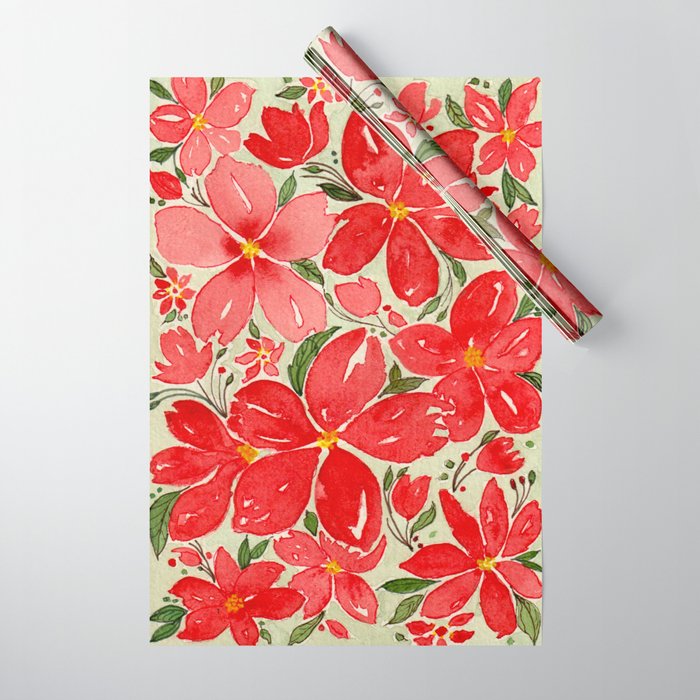 Christmas Holiday, Cheery & Bright Red and Pink Floral Mix Wrapping Paper  by DaisyGirlDesign
